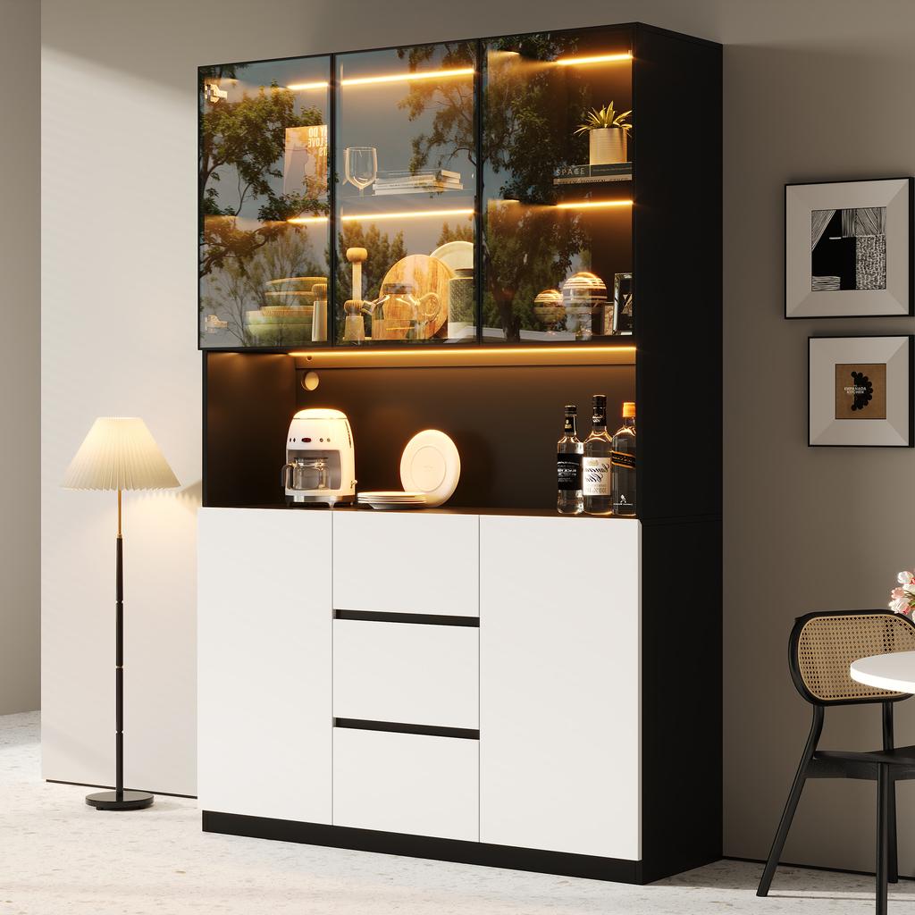 LED-Illuminated Glass Display Cabinet 120×40×200 cm – Tempered Glass with Shelves, Three Drawers and Two Doors, Versatile for Living and Dining Rooms.