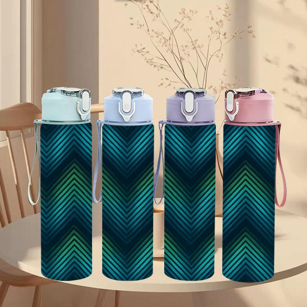 1PC Teal Green Chevron Geometric Print 750ml Color Plastic Sports Water Bottle Leakproof Flip Straw Lid Suitable for Sports Office Home Use