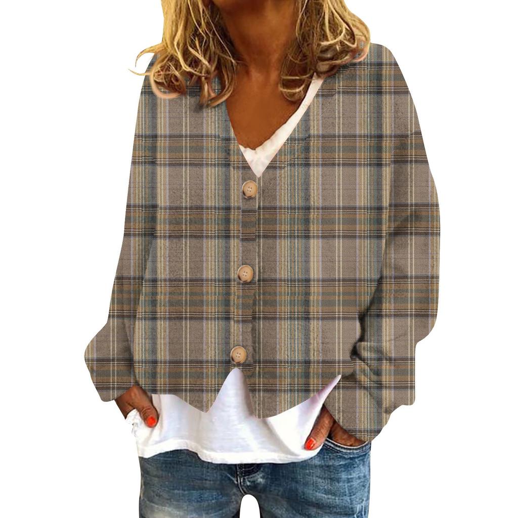 Women's Fashion Short Jacket Casual Long Sleeve Plaid Print Single Breasted Plush Top