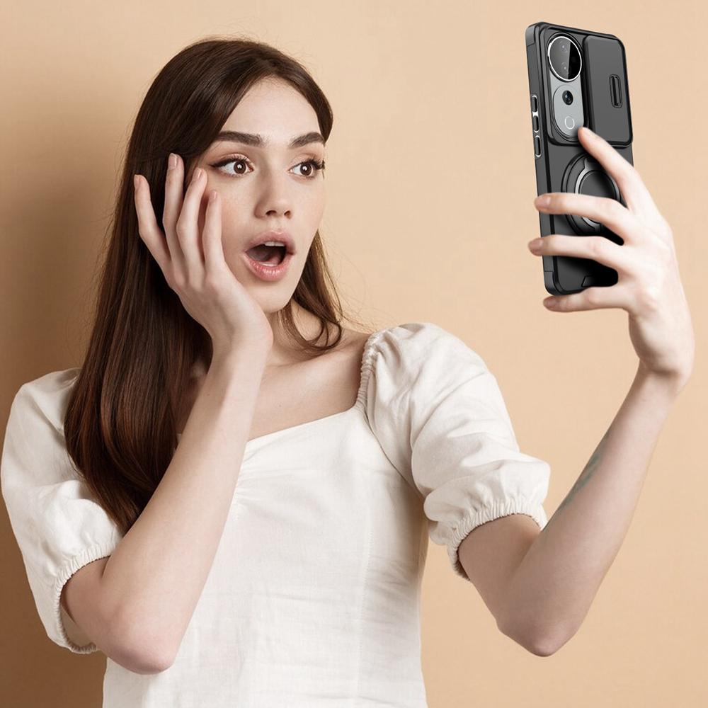 KEYSION 360°Rotating Ring Stand Phone Case for VIVO V40 Pro 5G Slide Camera Protection Magnetic Shockproof Cover for VIVO V40 5G