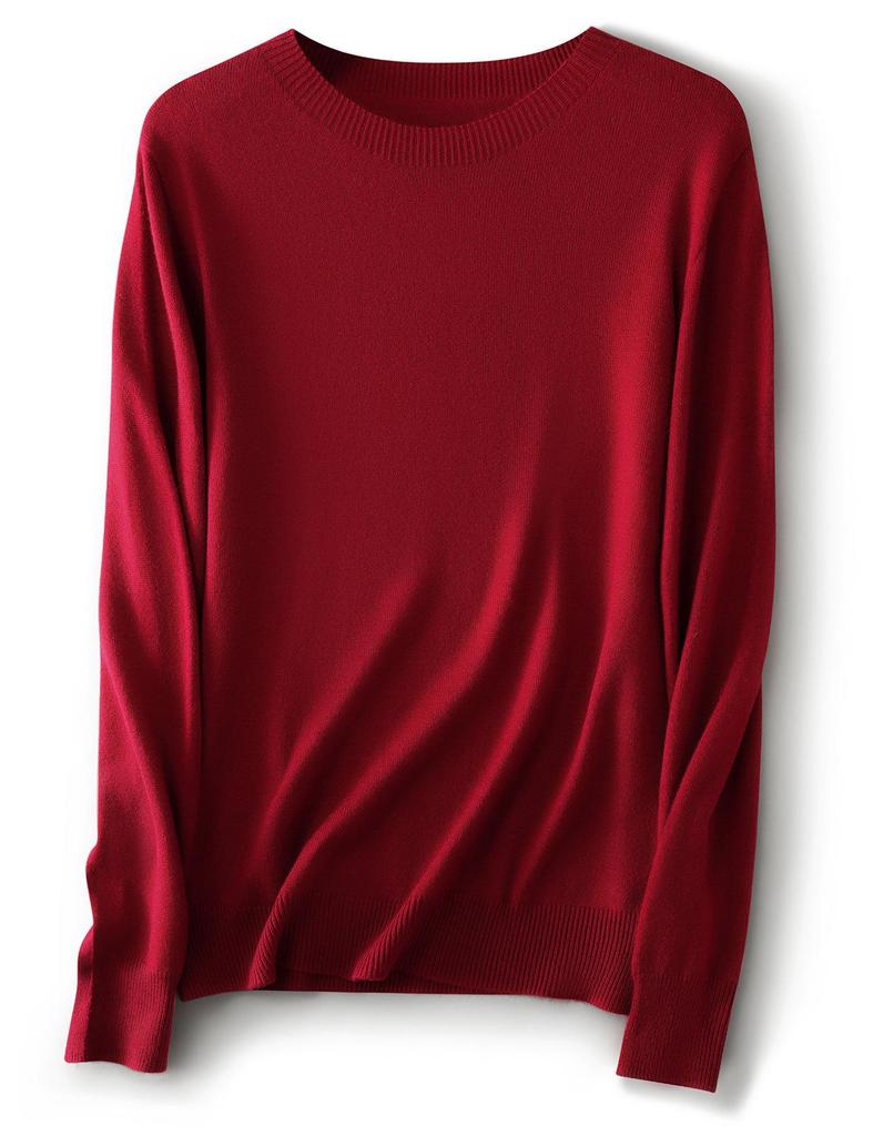 Women's Solid Color Wool Pullover Sweater - Round Neck, Long Sleeve, Versatile Base Layer Knitwear