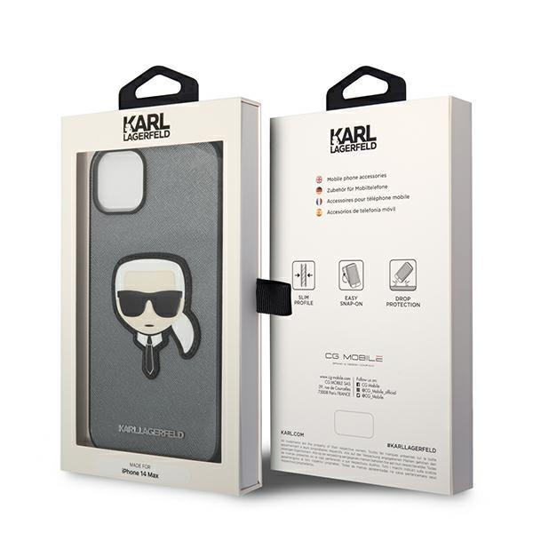 Etui do iPhone 14 Plus Karl Lagerfeld Saffiano Karl`s Head Srebrne