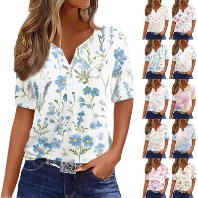 Жен. Футболка С принтом Пуговицы С короткими рукавами Повседневные Выходные Мода Классический Классический V-образный вырез Обычный Топ