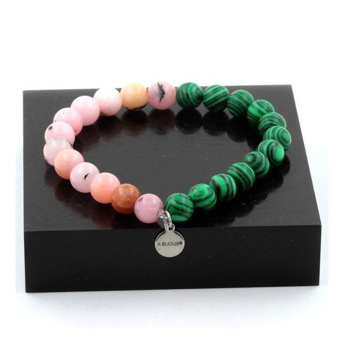 Stones and Minerals. Malachite Beaded Bracelet + Pink Opal 8 Mm. Made In France.
