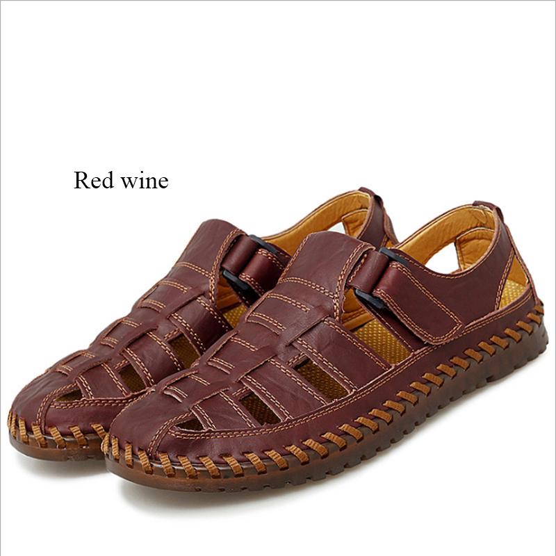 Летние мужские сандалии из воловьей кожи, повседневная мужская обувь большого размера, сшитая вручную, дышащая уличная пляжная обувь с открытыми отверстиями