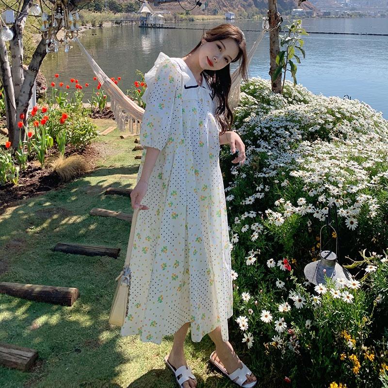 Летние платья во французском стиле с милой волной и цветочным принтом для женщин, большие женские платья с короткими рукавами