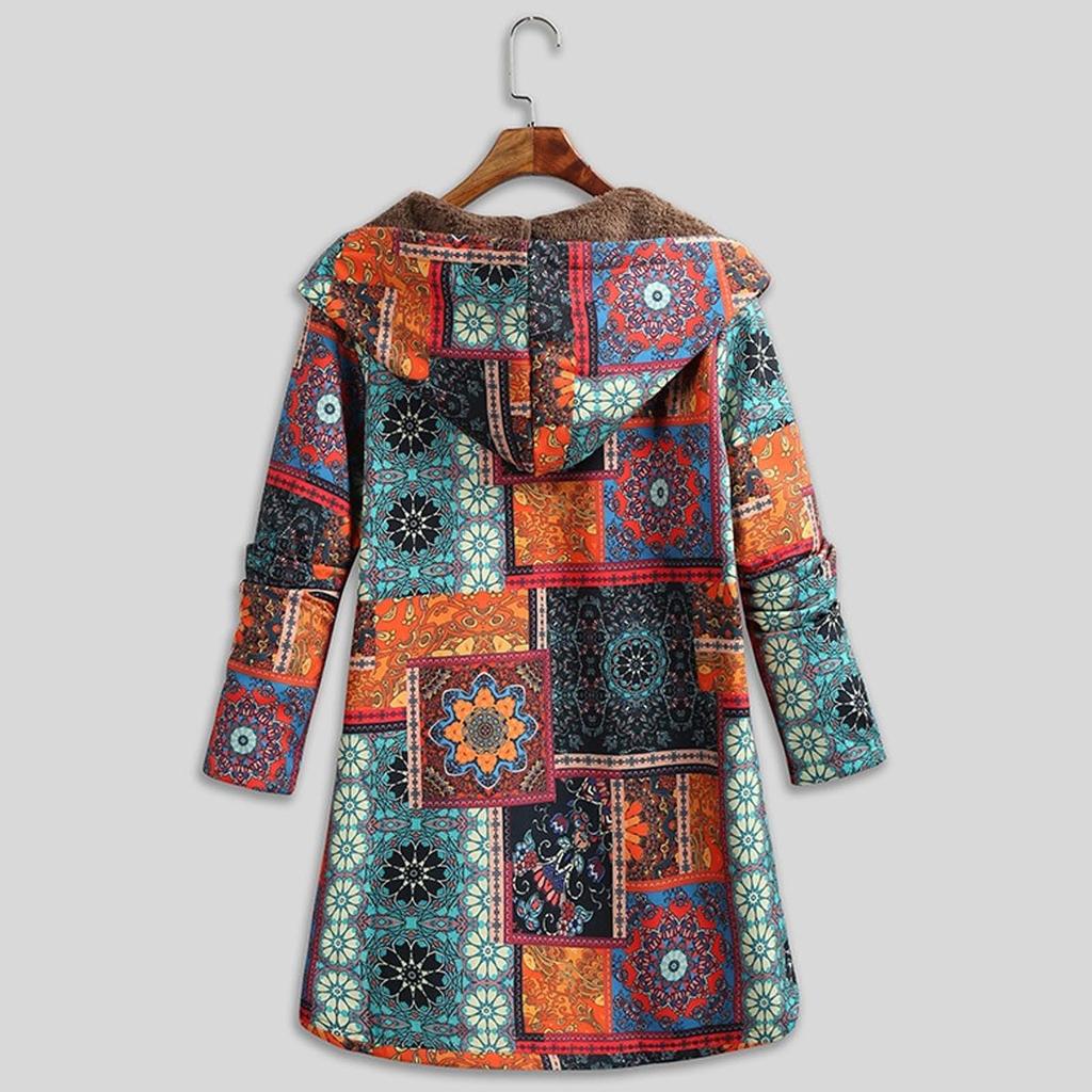 Ladies Long Sleeve Hooded Thick Composite Plush Vintage Flower Print Plus Size Hooded Jacket