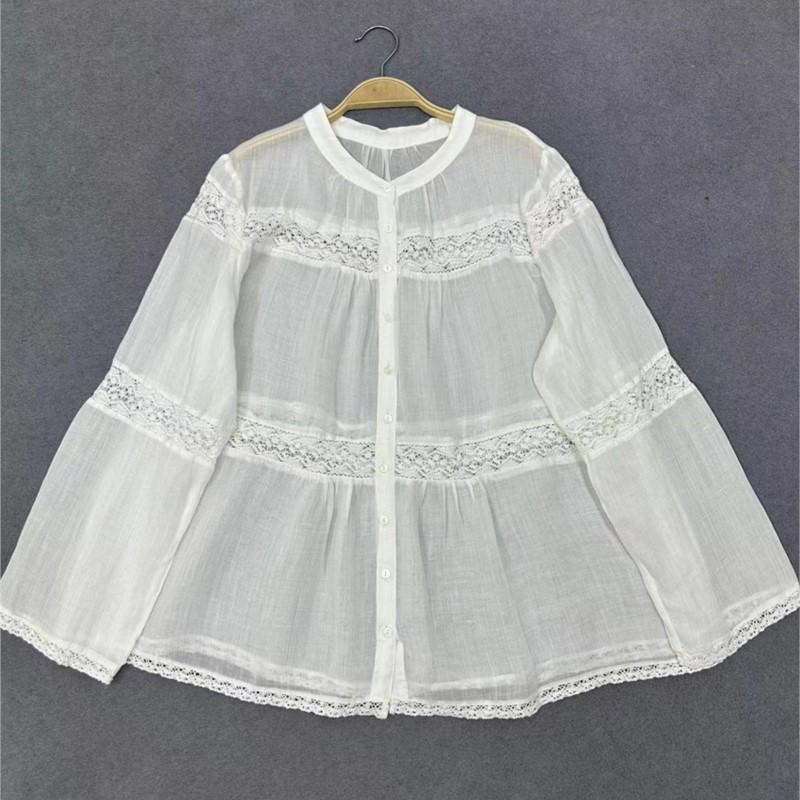 Johnature Японские тонкие кружевные рубашки с длинными рукавами, осенние повседневные простые свободные повседневные топы для женщин