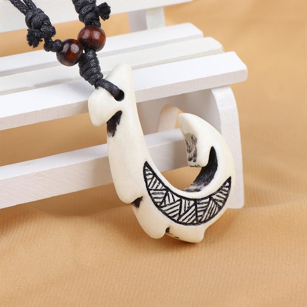 Black Cotton Cord Beaded Maori White Tribal Fish Hook Handmade DIY Jewelry Pendant Necklace