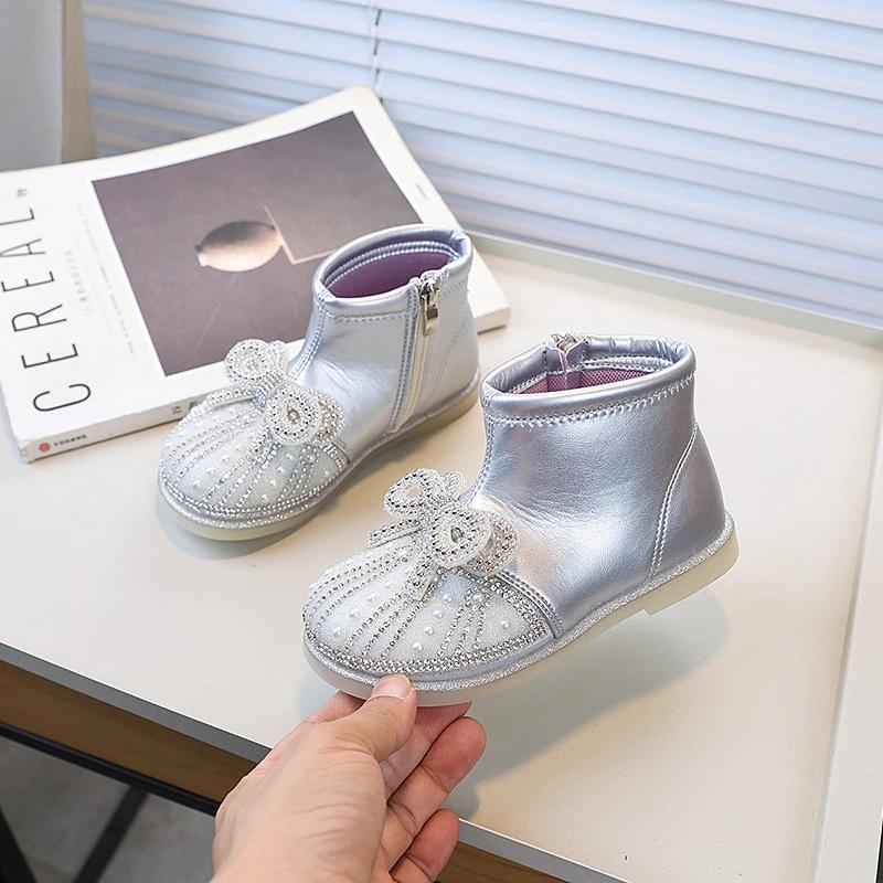 Весна Осень Детская Мода Принцесса Ботильоны Милый Бантик Девочки Повседневные Ботинки Роскошные Стразы Детские Кожаные Ботинки Новые