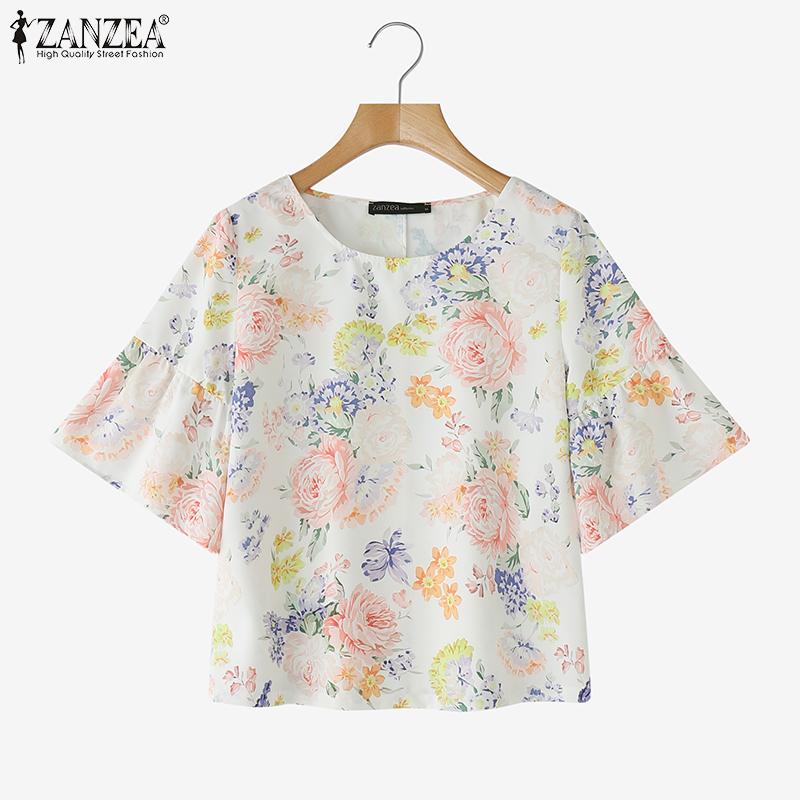 ZANZEA Женская повседневная блузка с круглым вырезом и рукавом 3/4 с цветочным принтом
