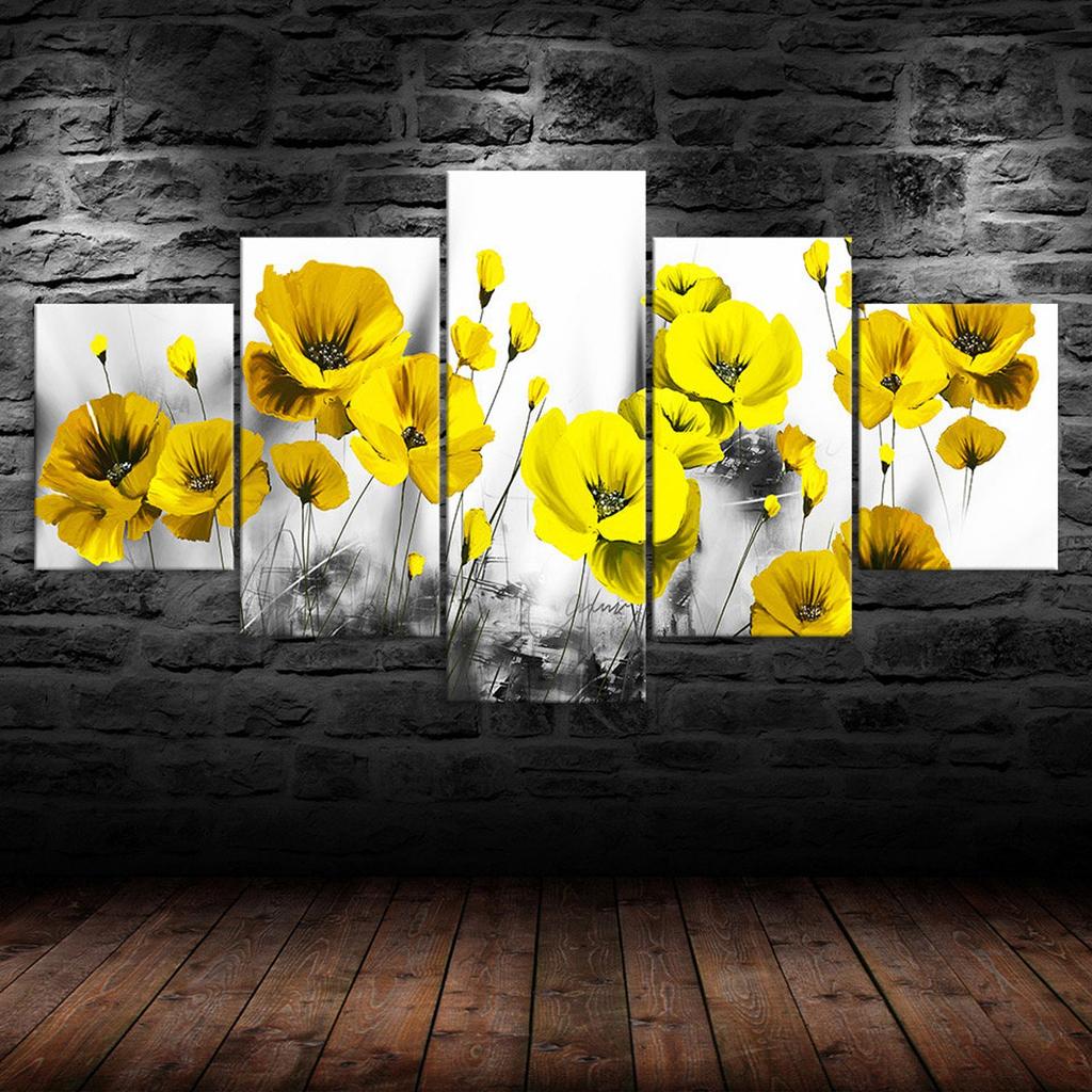 Abstract Yellow Poppy Flowers 5 Piece Five Panel Wall Canvas Print Modern Art Poster Picture Home Decor Gift For Him For Her