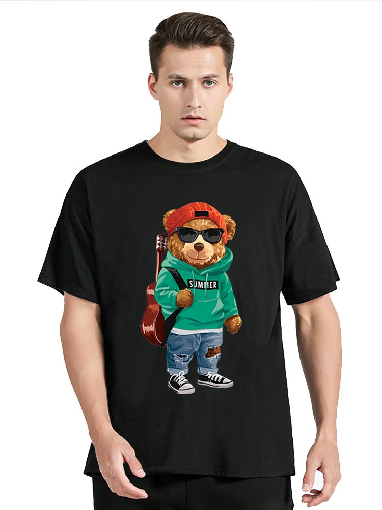 Крутой Медведь с Гитарой и Солнцезащитными Очками Забавная Футболка Унисекс Модная с Коротким Рукавом Повседневная Одежда Оверсайз Футболка Хип-Хоп Футболки