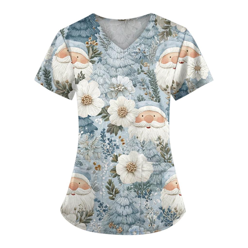 Женские топы с короткими рукавами и v-образным вырезом с рождественским принтом, рабочая блузка с карманами