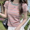Женская летняя футболка 2024 года с цветными блоками, полосатая, с коротким рукавом и круглым вырезом