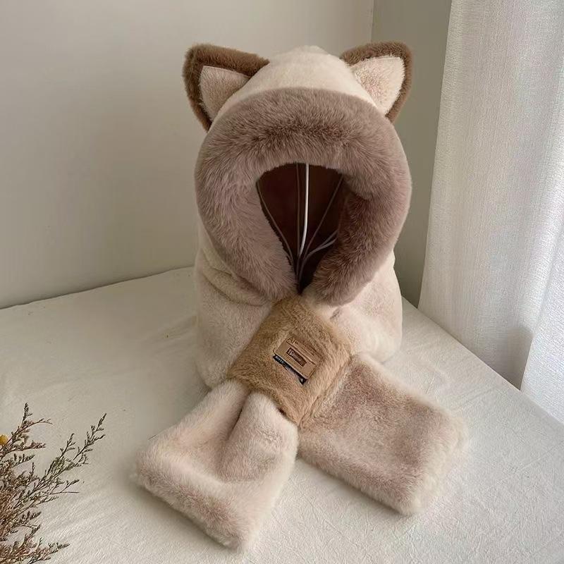 Cute Little Bear Scarf Hat Warm One Piece Hat Hair Korean Version Hooded Mask Plush Hat Winter Skiing and Cycling Comfortable