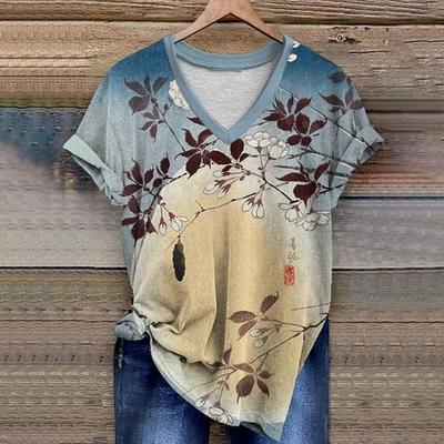 Женская мода V-образный вырез короткий рукав 3D цветочный принт футболка лето удобные спортивные топы