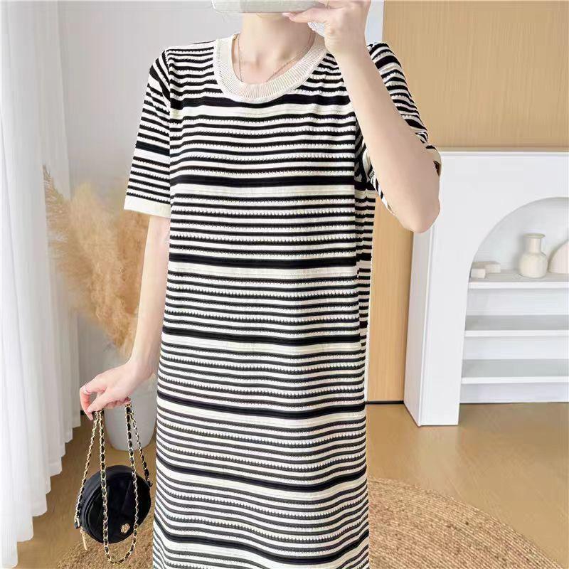 Ленивое полосатое вязаное платье для женщин, летнее новое свободное повседневное платье средней длины с коротким рукавом для женщин