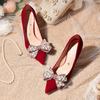 Fashion Chic Beads Bow-knot Wedding Shoes Woman Pumps Pointed Toe Flock Talons Hauts Crystal Metal Stiletto High Heels Shoes Women 2025