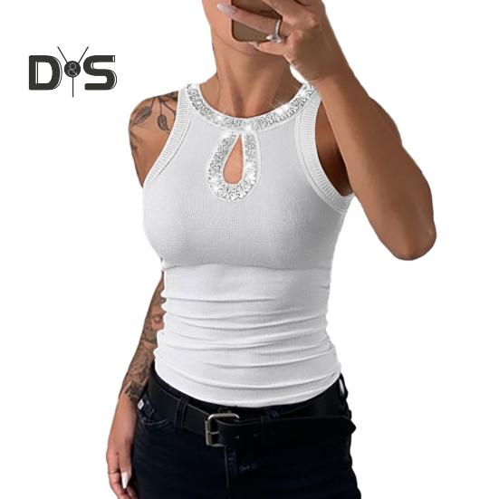 Женский жилет с круглым вырезом без рукавов, блестящие блестящие украшения, топы, ажурный дизайн, облегающий топ, повседневная одежда