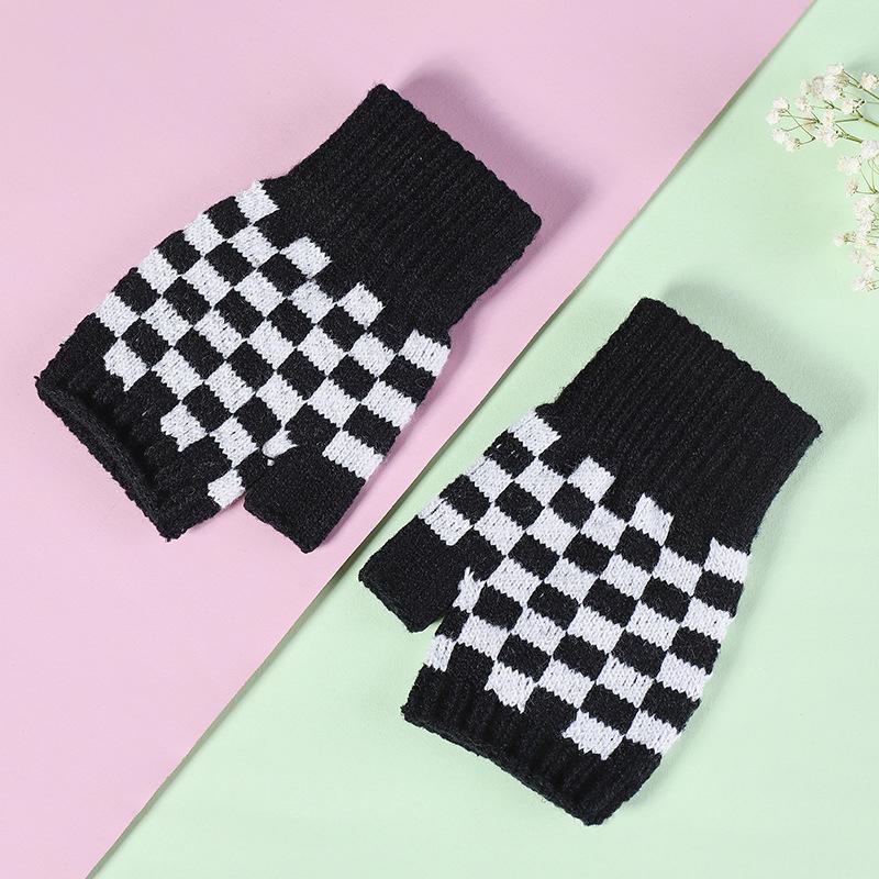 Теплые перчатки трикотажные клетчатые морозостойкие перчатки с половиной пальца для женщин зимние