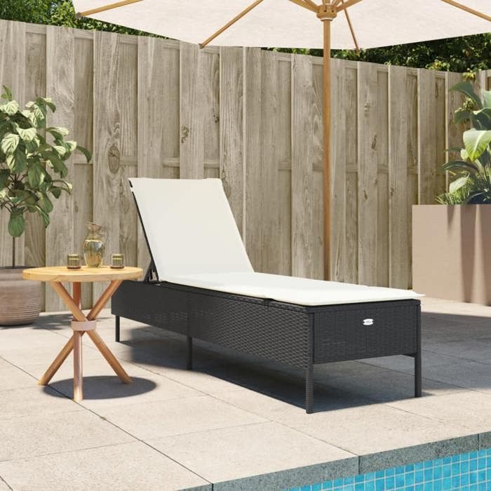 VidaXL Chaise longue avec coussin noir résine tressée, lit de bronzage, chaise longue d'extérieur, lit de jour d'extérieur, 4002719