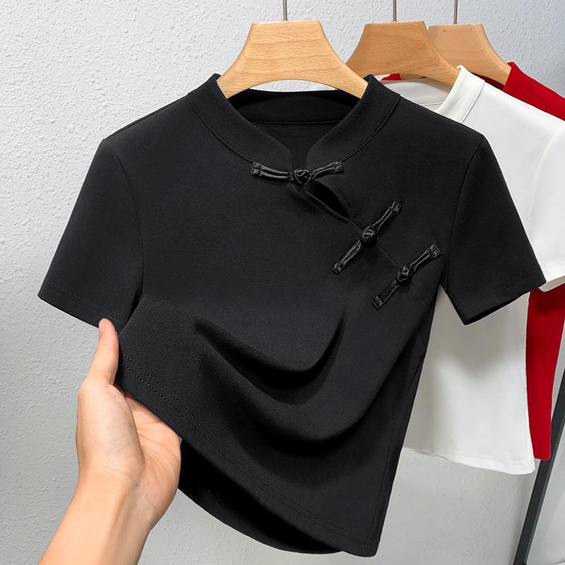 Новый топ с косой планкой на пуговицах в китайском стиле для лета, новая рубашка с воротником-стойкой в китайском стиле для женщин