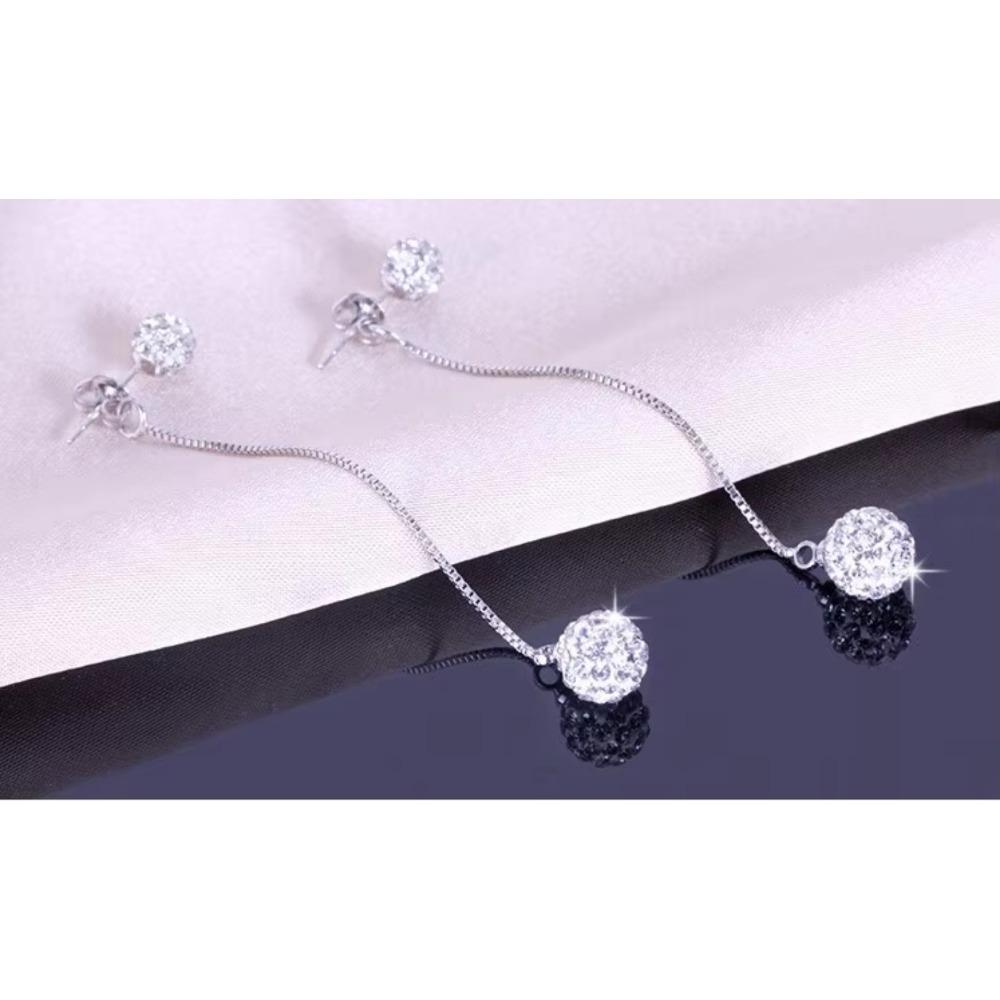 High Quality 925 Silver Rhinestone Earrings Double Crystal Ball Long Tassel Stud Earrings Brincos De Prata For Women