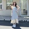 Клетчатое платье-сарафан с кружевной отделкой, женское летнее новое стильное свободного кроя, стройнящее, платье-обманка из двух частей