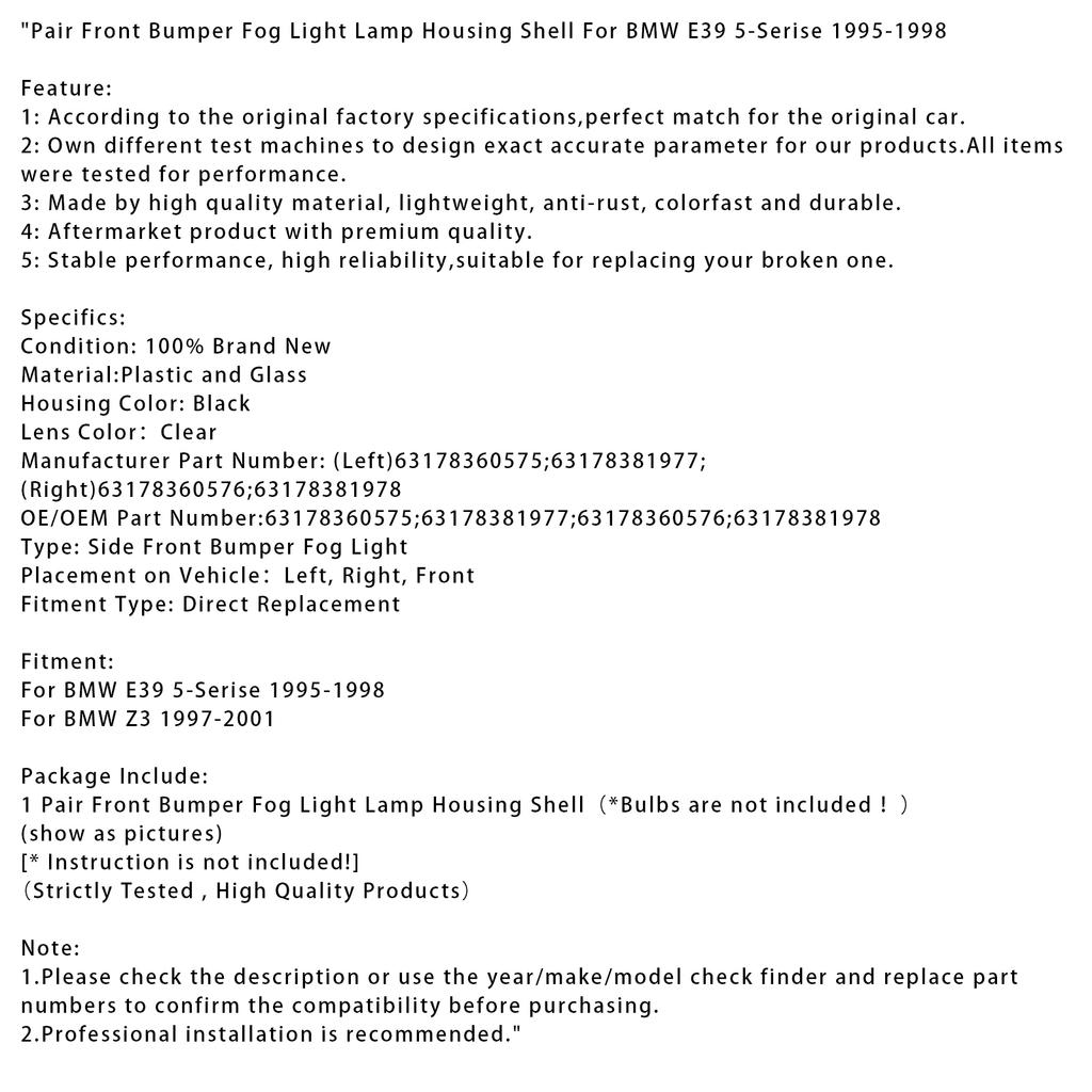 Pair Front Bumper Fog Light Lamp Housing Shell For BMW E39 5-Serise 1995-1998