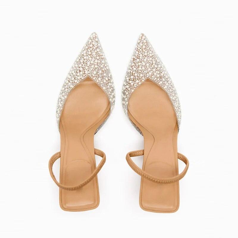 Women's Pointed Head High Heeled Sandals Summer 2024 Sexy Woman Shoes Fashion Pearl Decoration Slingback Woman Pumps