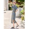 Fashion Chinese Style Denim Skirt Set Women Summer Floral Print Two Piece Outfit with Knot Buttons