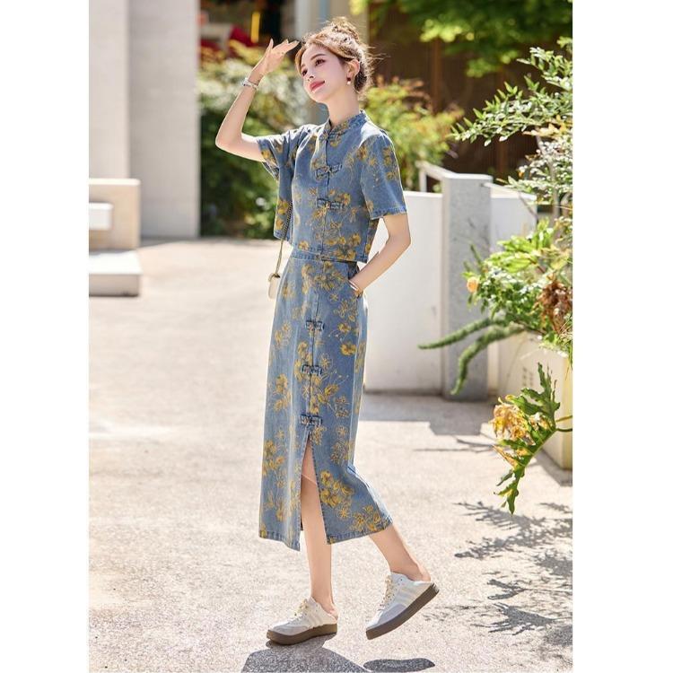 Fashion Chinese Style Denim Skirt Set Women Summer Floral Print Two Piece Outfit with Knot Buttons