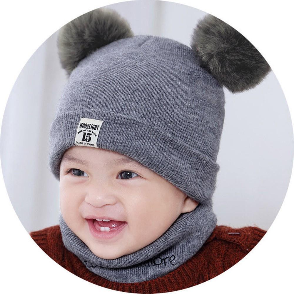 Шапка с помпоном для новорожденных детей, зимняя теплая вязаная шапка, шарф, комплект