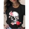 New Women's Casual Round Neck Short Sleeved 3D Printed Skull Flower Women's T-shirt