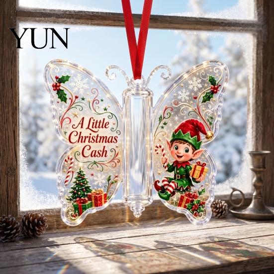 Acrylic Cash Display Christmas Gift Ornament, Butterfly Money Holder with Built?in Holiday Party Supplies Clear Compartment, Hanging Ornament