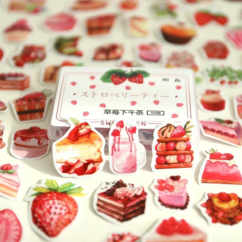 100 шт. Милые наклейки с едой, клубничными десертами Kawaii для девочки, планировщика, скрапбукинга, корейская канцелярия, наклейки для дневника