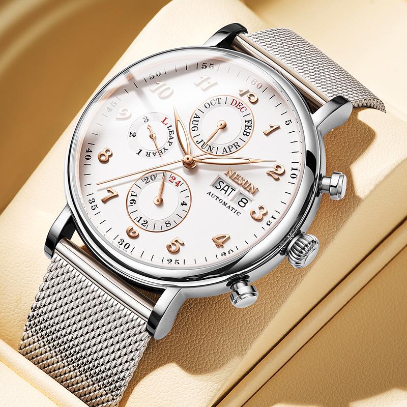 Мужские автоматические механические часы NESUN, многофункциональные водонепроницаемые наручные часы из кожи и стали 9029