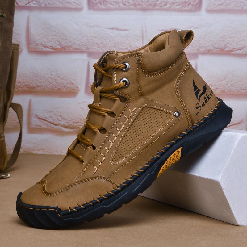 2025 New Large Size Men's Leather Boots Fashion Hand-stitched Ankle Boots Flat Short Boots Lace-up Casual Shoes