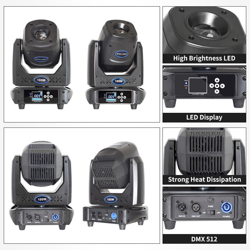 Moving Head Lights LED 100W Spot Effect 6 Rotating 7 Gobos 8 Colors Projector 5-Facet Prism DMX512 Control IP65 Disco Bar