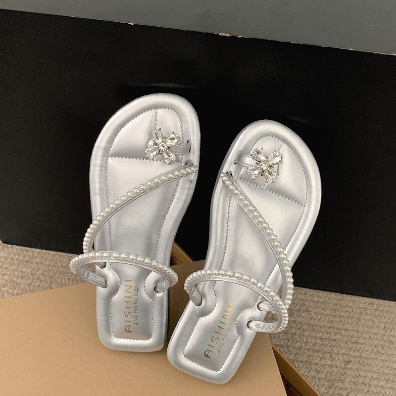 Французские тапочки со стразами на плоской подошве, женские, новинка 2025 года, универсальные, с нескользящим покрытием, с мягкой подошвой, классные тапочки