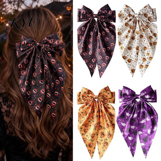 Trendy Satin Hair Bows Large Halloween for Women Girls, Vintage Ribbon Barrette Clips with Long Non-slip Spring Tails, Ghost/Pumpkin/Blood Mouth Print
