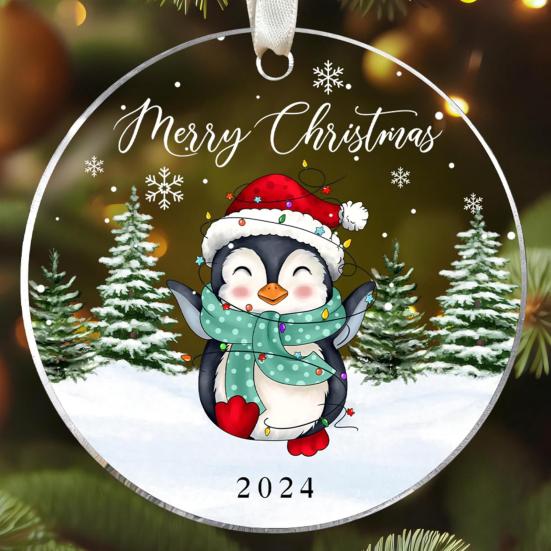 Animal Christmas Ornament 2D Flat Acrylic Ornament Cartoon Santa Hat Animal Hanging Decoration for Christmas Tree Mantel