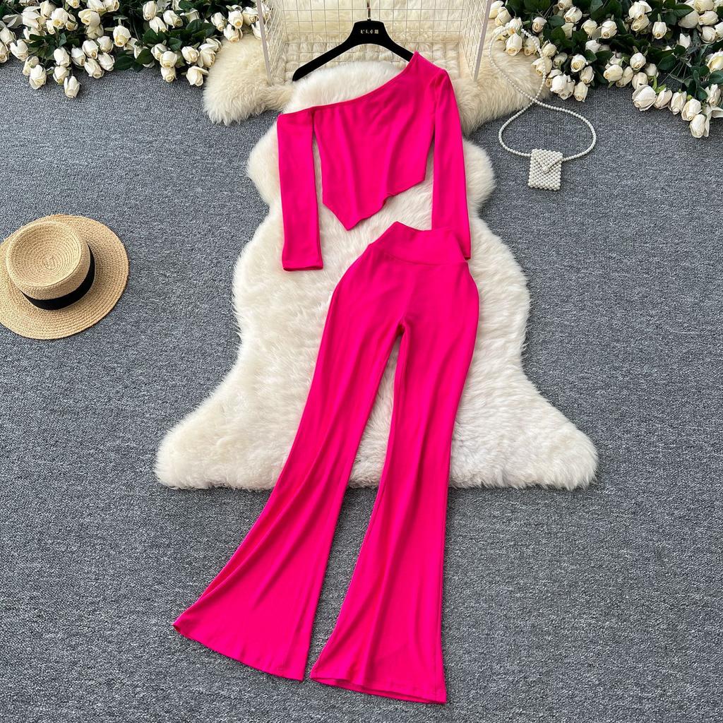 Сексуальная косая горловина без бретелек длинный рукав асимметричная футболка топ женский высокая талия тонкий пакет бедра микро брюки костюм