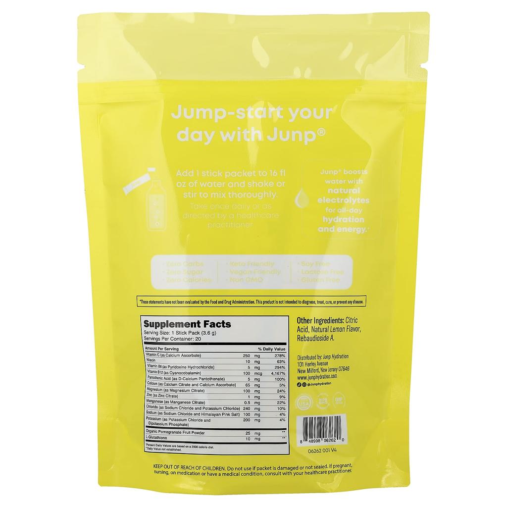 JUNP Hydration Electrolyte Powder Mix, Lemon, 20 Stick Packs, 3.6g (0.13oz) Each