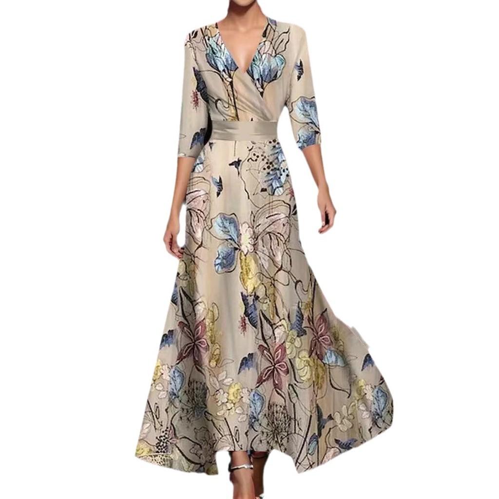 Summer Polyester 3d Effect Print Vneck Midi Dress For Office Chic Women
