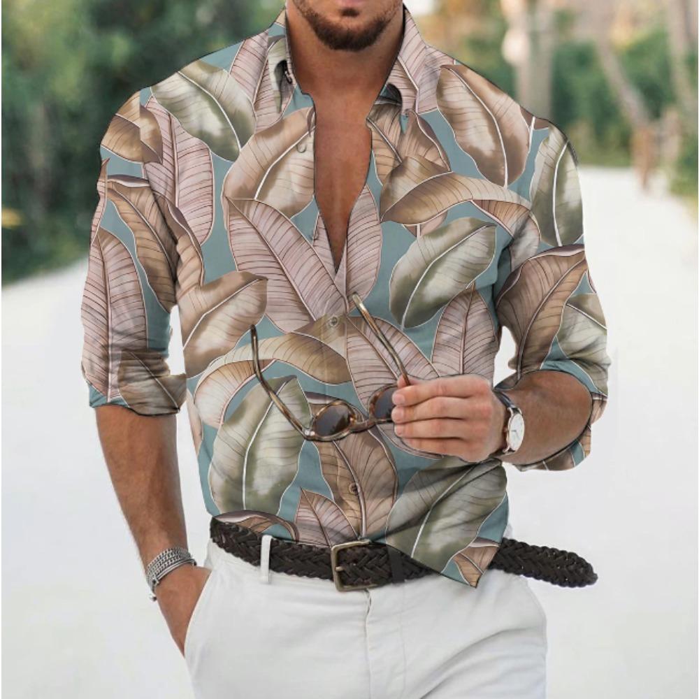 Men's Floral Printed Long Sleeve Shirts Casual Cardigan New Button Holiday Fashion Shirts