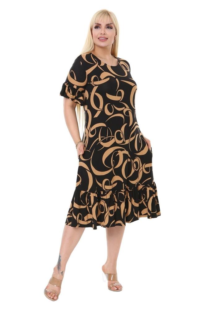 Женское платье большого размера с рюшами и карманами, коричневое платье с волнистым узором, платье больших размеров