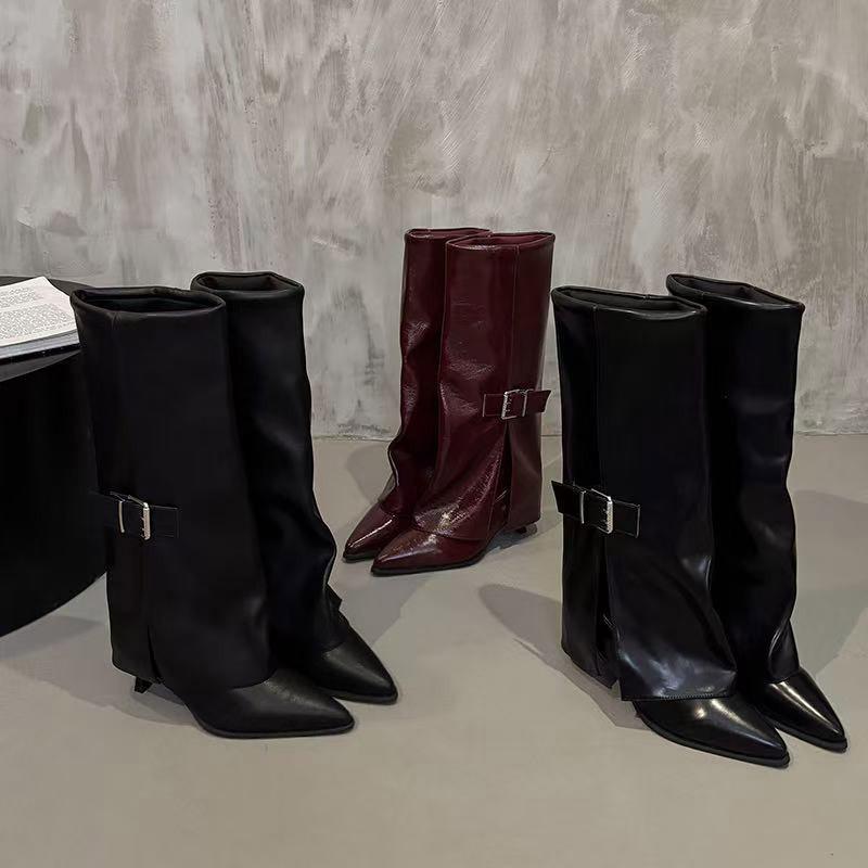 Женские красные ботинки-стилетто с острым носком, Ретро длинные рыцарские сапоги, Женские новые зимние ботинки Майяр 2025