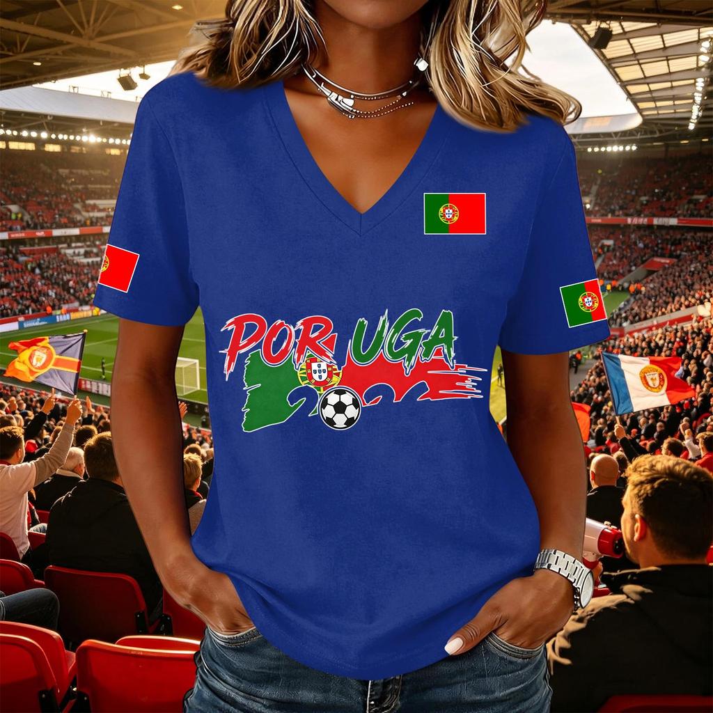 Women V Neck Pullover T Shirt Short Sleeve Casual Soccer Flag Print Top Supporter Jersey Tee for Game Day Wear